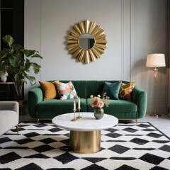 Modern Living Room with Green Sofa and Gold Accents