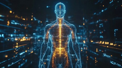 A holographic projection of a human body with muscle structures highlighted