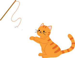 cute orange tabby cat plays mouse teaser toy stick illustration