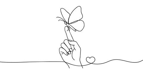 Continuous one line drawing butterfly perched on index finger. Hands of tenderness that can care for hope. Best future of humanity. Zero Discrimination Day. Single line draw design vector illustration