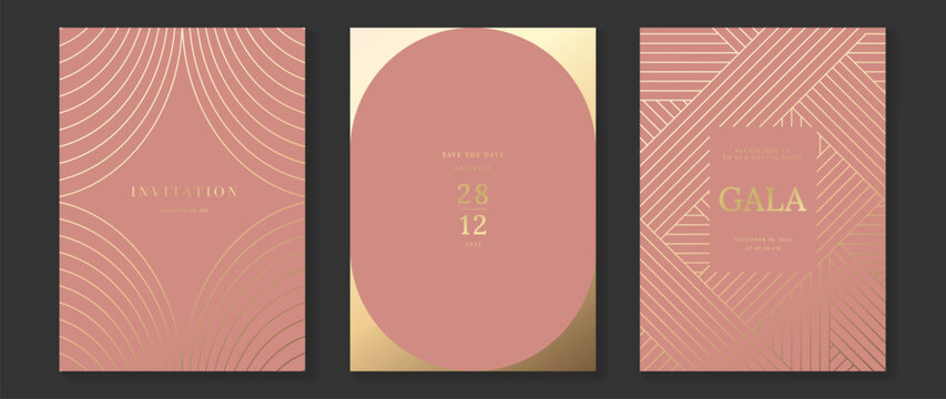 Luxury wedding invitation card background vector. Golden elegant gold wavy lines on pink background. Premium design illustration for wedding, vip cover template, banner, poster.
