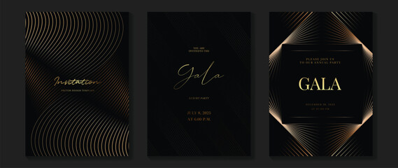 Luxury wedding invitation card background vector. Golden elegant gold wavy lines on dark background. Premium design illustration for wedding, vip cover template, banner, poster.
