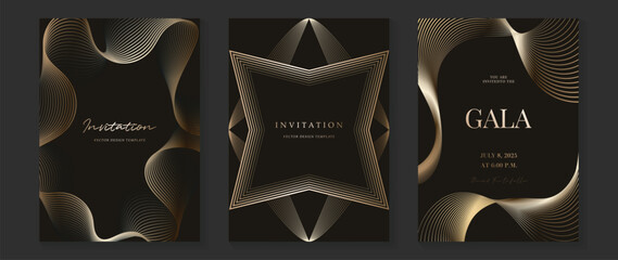 Fototapeta na wymiar Luxury wedding invitation card background vector. Golden elegant gold wavy lines on navy blue background. Premium design illustration for wedding, vip cover template, banner, poster.