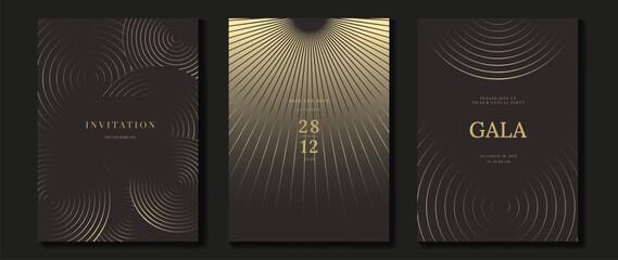 Fototapeta na wymiar Luxury wedding invitation card background vector. Golden elegant geometric shape, gold wavy lines on brown background. Premium design illustration for wedding and vip cover template, banner, poster.