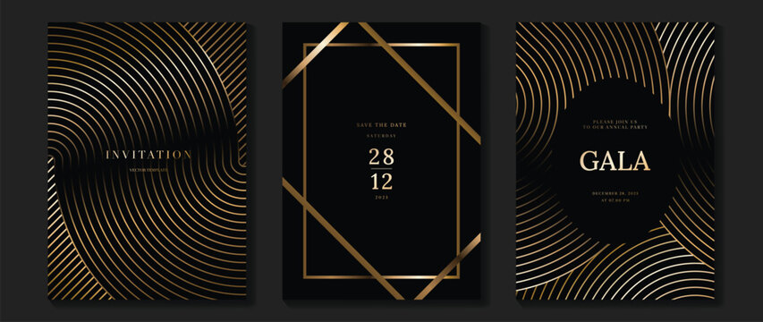 Luxury wedding invitation card background vector. Golden elegant gold wavy lines on dark background. Premium design illustration for wedding, vip cover template, banner, poster.