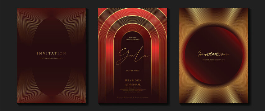 Luxury wedding invitation card background vector. Golden elegant gold wavy lines on red background. Premium design illustration for wedding, vip cover template, banner, poster.