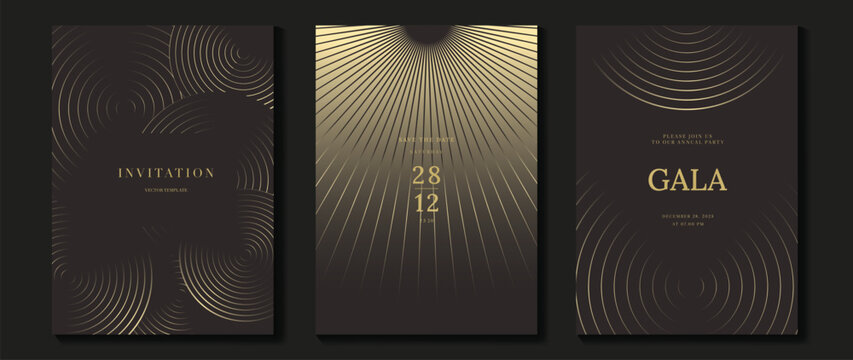 Luxury wedding invitation card background vector. Golden elegant geometric shape, gold wavy lines on brown background. Premium design illustration for wedding and vip cover template, banner, poster.