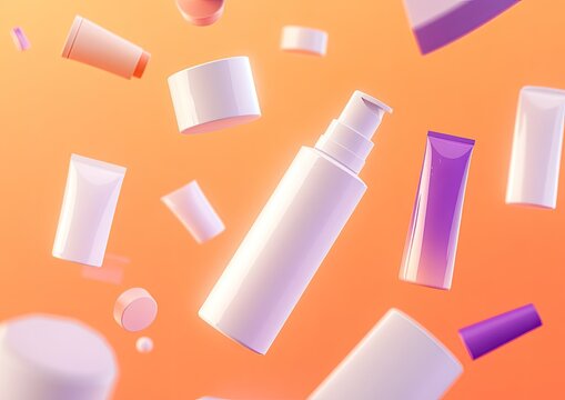 White and purple cosmetic containers float against a warm orange gradient background.  Various shapes and sizes are depicted in a dynamic, falling arrangement