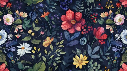 seamless floral pattern different colors flower on dark blue background wallpaper design