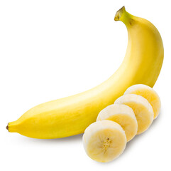 Fresh Banana peeled with Banana slice isolated on white background, Organic Banana on white...