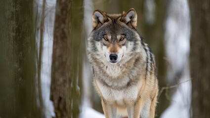 Obraz premium Gray wolf standing alert in a snowy forest environment