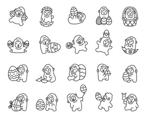 Yeti easter character set with adorable animals holding eggs, balloon, smiling in baskets, greeting, enjoying food and happy holiday moments in spring for yours projects