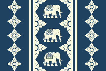 Traditional Thai pattern with white elephants and Thai Kanok motifs on a dark blue background. Elegant, cultural, and symmetrical design suitable for textiles, wallpaper, and creative art projects.