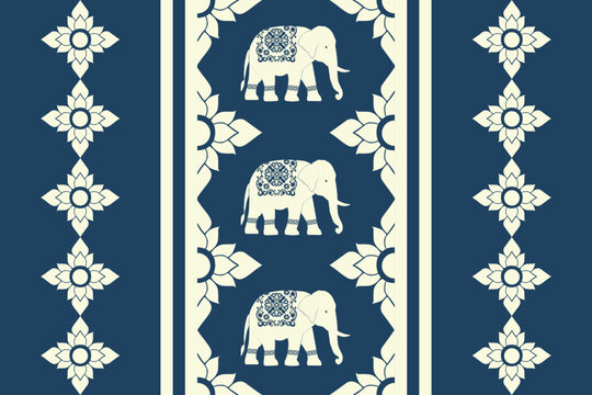 Traditional Thai pattern with white elephants and Thai Kanok motifs on a dark blue background. Elegant, cultural, and symmetrical design suitable for textiles, wallpaper, and creative art projects.