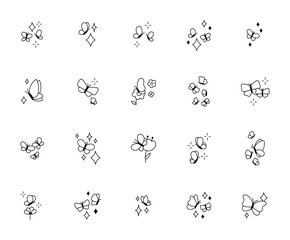 Butterfly floral outline line art decorative set with flying insects and blooming elements for yours romantic themed illustrations and elegant creative design projects