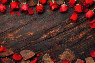 Red roses and petals on dark wooden surface