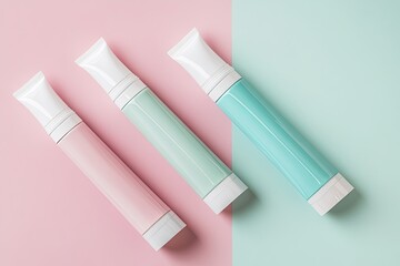 Three pastel-colored pump bottles, pink, mint green, and light teal, arranged diagonally on a two-toned pink and mint green background.  Clean, minimalist aesthetic