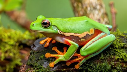 Naklejka premium Green tree frog resting on a mossy branch in its natural habitat