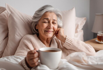 An elderly woman enjoys a warm drink in bed, looking peaceful and content with a gentle smile. - Generative AI