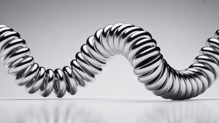 Shiny Chrome Spiral Coil in Wave Motion on Reflective Surface.