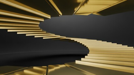 Fototapeta premium Floating Golden Spiral Staircase Against Dark Minimalist Backdrop.