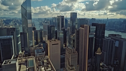 Obraz premium Stunning aerial view of a vibrant cityscape, showcasing a dense cluster of skyscrapers under a partly cloudy sky. Perfect for illustrating urban development, business, or travel themes.