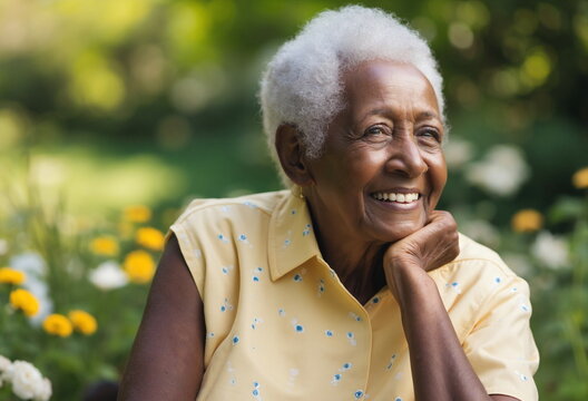 An elderly Black woman smiles contentedly while looking off to the side in a garden setting. - Generative AI
