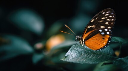 Obraz premium A beautiful butterfly on a leaf in the forest. The beautiful nature background features blurred, dark green leaves and a black background. A close-up of an orange and white-colored butterfly.