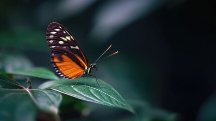 Fototapeta premium A beautiful butterfly on a leaf in the forest. The beautiful nature background features blurred, dark green leaves and a black background. A close-up of an orange and white-colored butterfly.