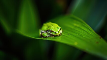 Obraz premium Green tree frog resting peacefully on a vibrant green leaf