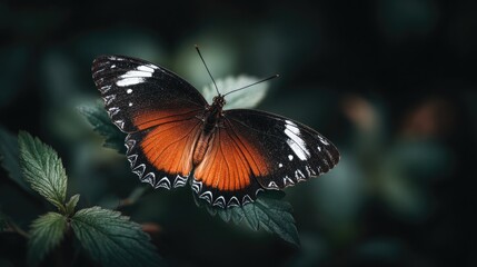 A butterfly perched on the edge of green leaves, macro photography, dark background, blurred foreground.