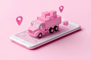 Pink delivery truck model atop a smartphone displaying a map, accompanied by location markers, illustrating online order tracking