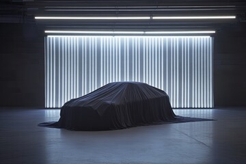A dark gray car, fully covered, sits in a dimly lit garage with a neon-lit backdrop.  The scene is minimalist and mysterious, hinting at a reveal