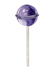 Watercolor violet sweet transparent lollipop isolated on white background. Caramel candy on a stick.