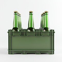 Twelve green glass bottles with gold tops, nestled in a dark-green plastic crate, set against a stark white background