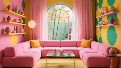 A brightly colored living room with pink furniture and yellow walls