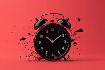 A shattered black alarm clock explodes against a vibrant red backdrop, its fragments scattering dynamically