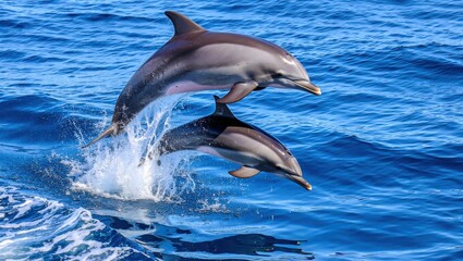 Two dolphins jumping out of the blue ocean water in the sunshine