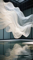 A large, flowing white fabric installation suspended above a reflective pool in an indoor setting