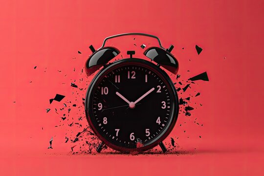 A shattered black alarm clock explodes against a vibrant red backdrop, its fragments scattering dynamically