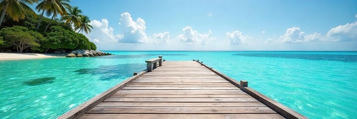 Obraz premium Serene island dock extending into calm turquoise water, sun-drenched wooden planks, idyllic tropical scene perfect for relaxation and escape , boats, boat, shore