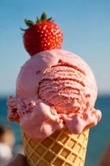 A strawberry ice cream in waffle  cone against a bright blue sky and ocean background.  Selective focus.