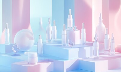 Pastel-hued minimalist scene showcasing various skincare products?bottles, jars, and serums?on geometric platforms