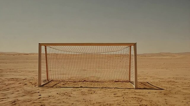 Empty soccer goal in a vast desert landscape