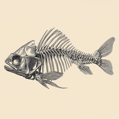Fish Skeleton: A detailed skeletal structure of a fish, showcasing the intricate bony framework of an aquatic creature. A monochrome art capturing its unique anatomy.
