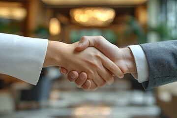 Business handshake between woman in white blouse and man in gray