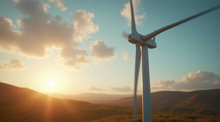  Rural Kinetics – Close-Up of a Spinning Vertical Wind Turbine Captured in Motion with Cinematic Blur, Dynamic Light Flares, and a Scenic Countryside Backdrop Emphasizing Sustainable Energy in Action