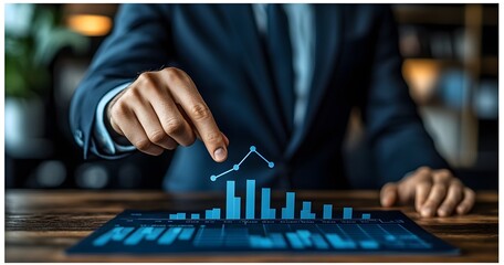 Businessman analyzing financial data on a tablet with a rising g