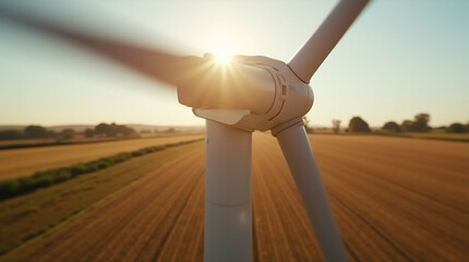  Rural Kinetics – Close-Up of a Spinning Vertical Wind Turbine Captured in Motion with Cinematic Blur, Dynamic Light Flares, and a Scenic Countryside Backdrop Emphasizing Sustainable Energy in Action