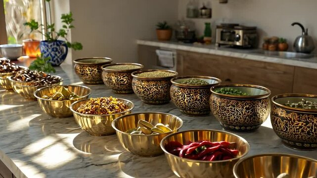 Row of brass bowls filled with various spices and pickles